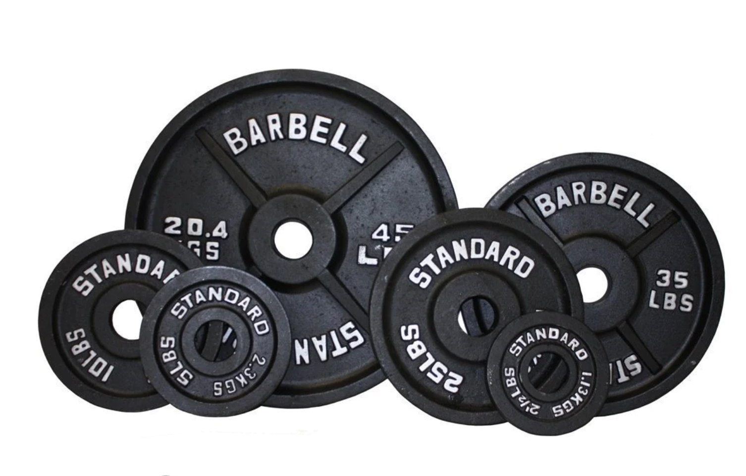 Set of black barbell weight plates with labeled weights on a white background
