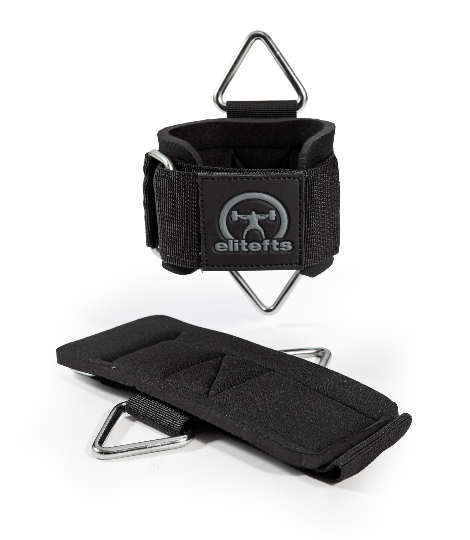 picture of elitefts Cable Wrist Wraps one latched together and the other laying flat showing the inside of the wrap