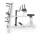 White weightlifting machine with black components on a white background