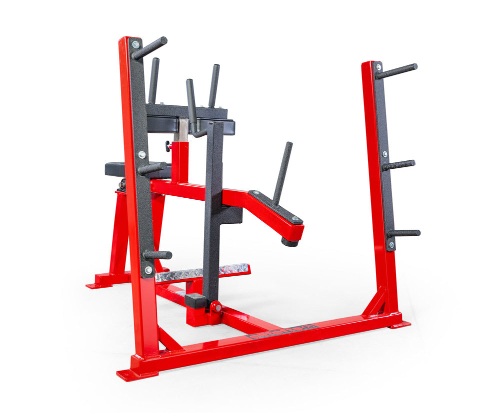 Red and black weightlifting machine on a white background