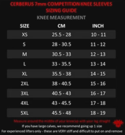 cerberus 7mm competition knee sleeves size chart