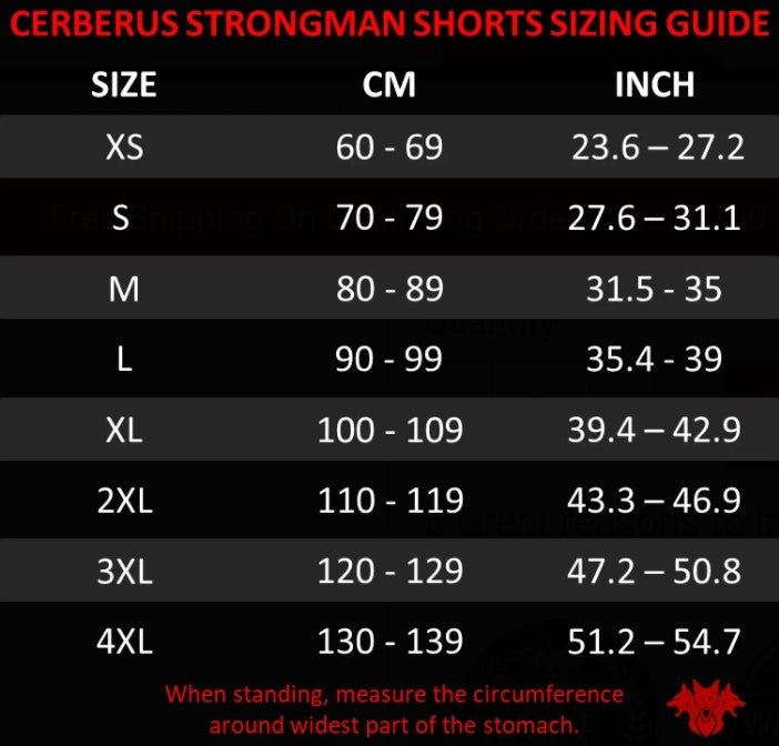 Cerberus Strongman Shorts V2 Red sizing chart
