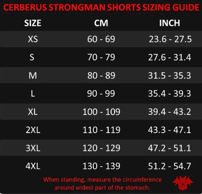 Cerberus Strongman Shorts V2 Black size chart