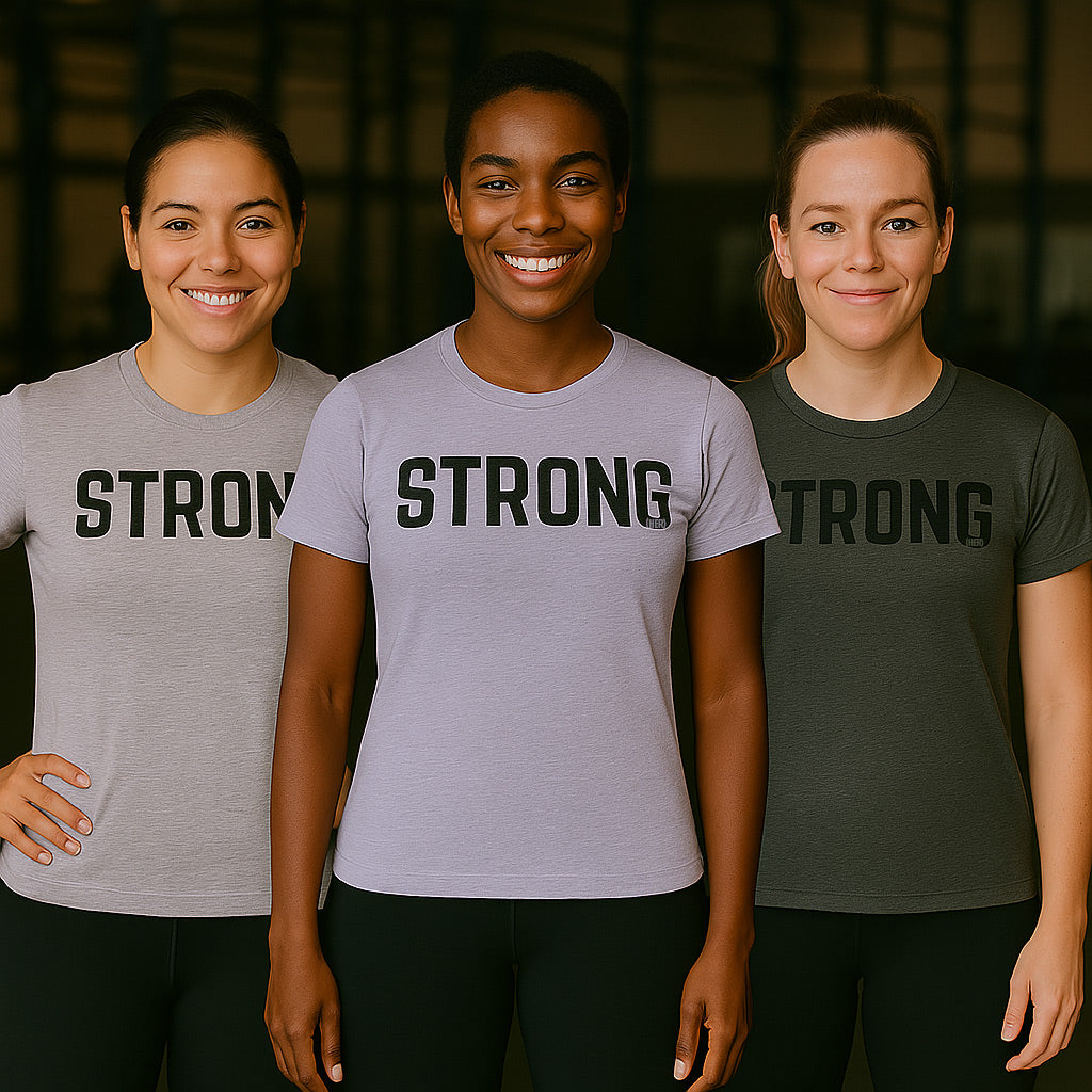 Three women wearing t-shirts with the word 'STRONG' on a dark background-all-groups