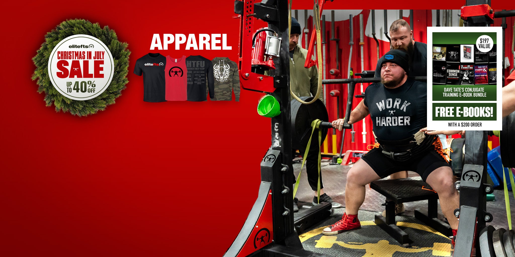 A promotional banner for apparel in a gym setting, featuring a man lifting weights on a bench press machine. The left side has a solid red background with a green wreath graphic, white text reading 'apparel', a 'Christmas in July Sale 40% off' badge, and several t-shirt mockups.