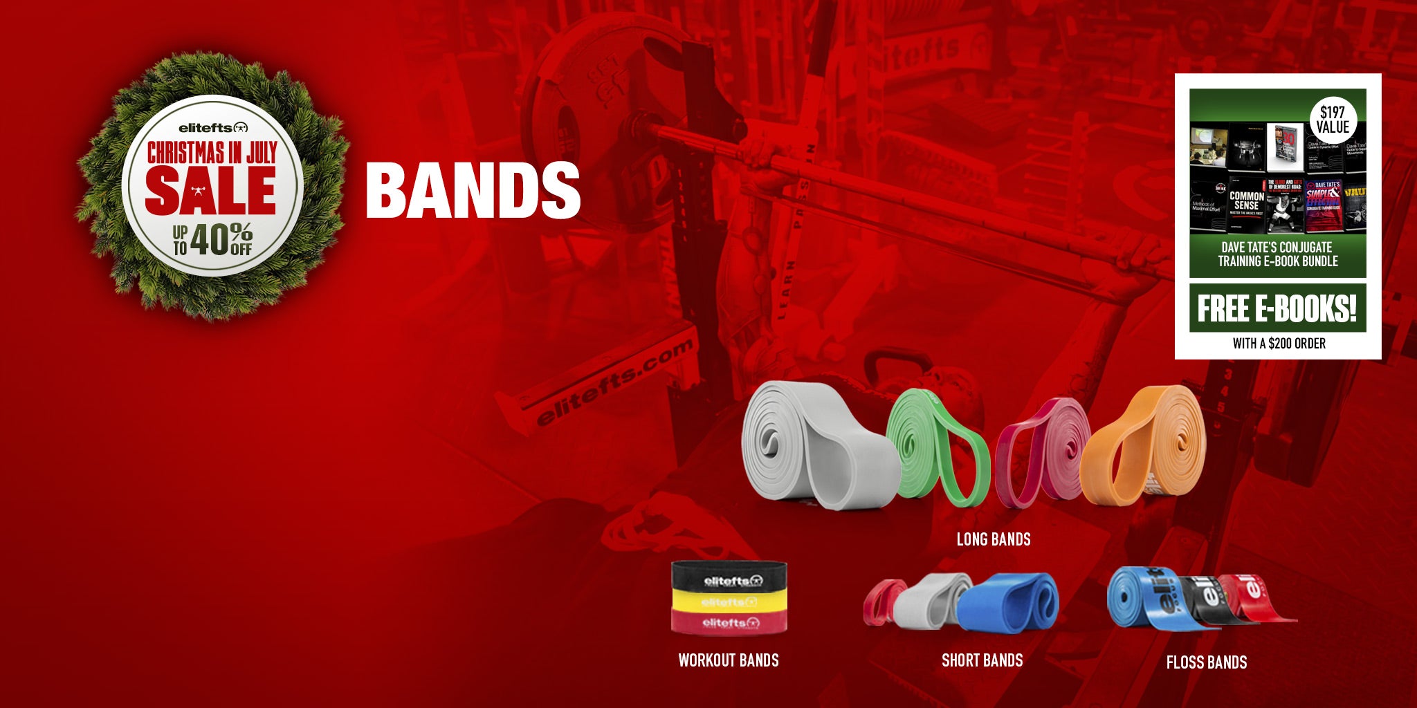 Promotional banner for 'bands' showing multiple rolls of colored workout bands in white, green, pink, orange, yellow, black, red, blue, and gray, set against a dark red background with a 'Christmas in July Sale' badge and a 'Free E-Books!' inset.