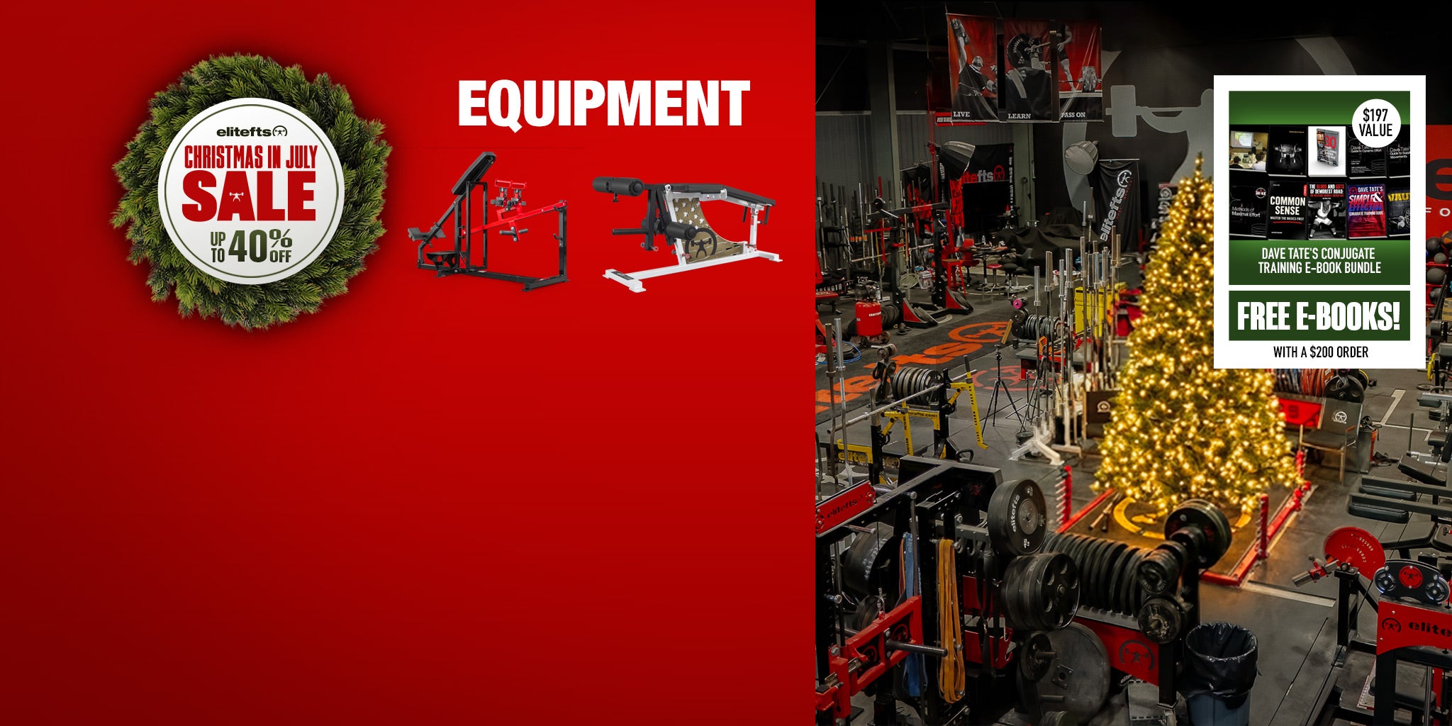 Promotional banner for a gym equipment store, split into a red left side with a 'Christmas in July Sale' badge and 'EQUIPMENT' text, and a right side showing a warehouse showroom with exercise machines and a decorated Christmas tree.