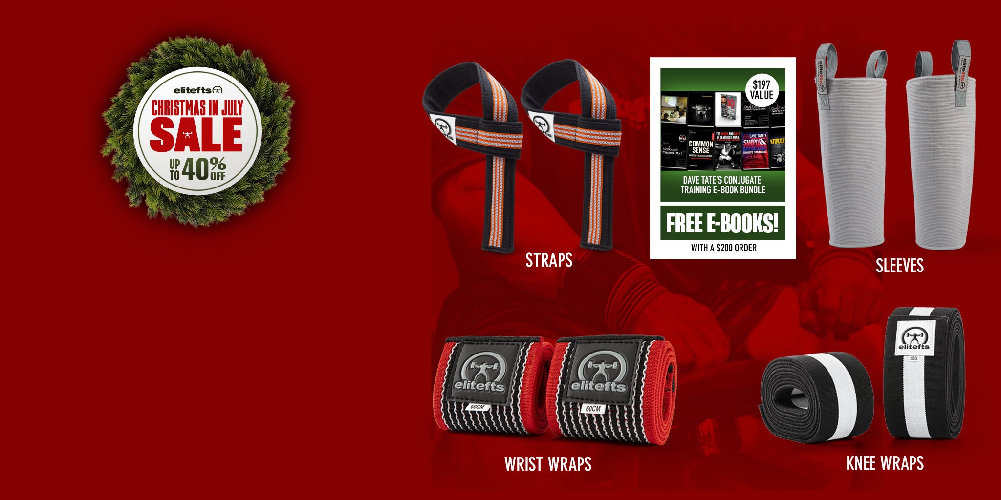 A promotional product collage on a dark red background showing multiple martial arts wraps and sleeves from Strötfelt: black-and-red wrist wraps, black-and-red knee wraps, black-and-red straps, black-and-white sleeves, and a sale badge reading Christmas in July Sale 40% off, plus a small insert for free e-books.