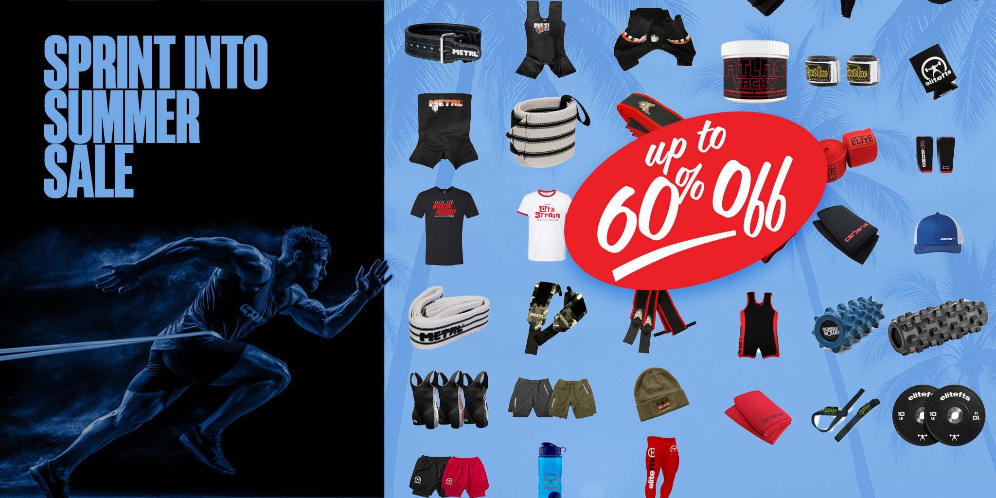 Summer sale advertisement with running man graphic and product display on blue background