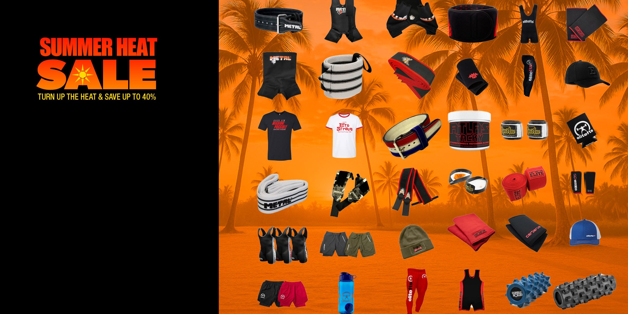 Summer heat sale advertisement with clothing and accessories on an orange background