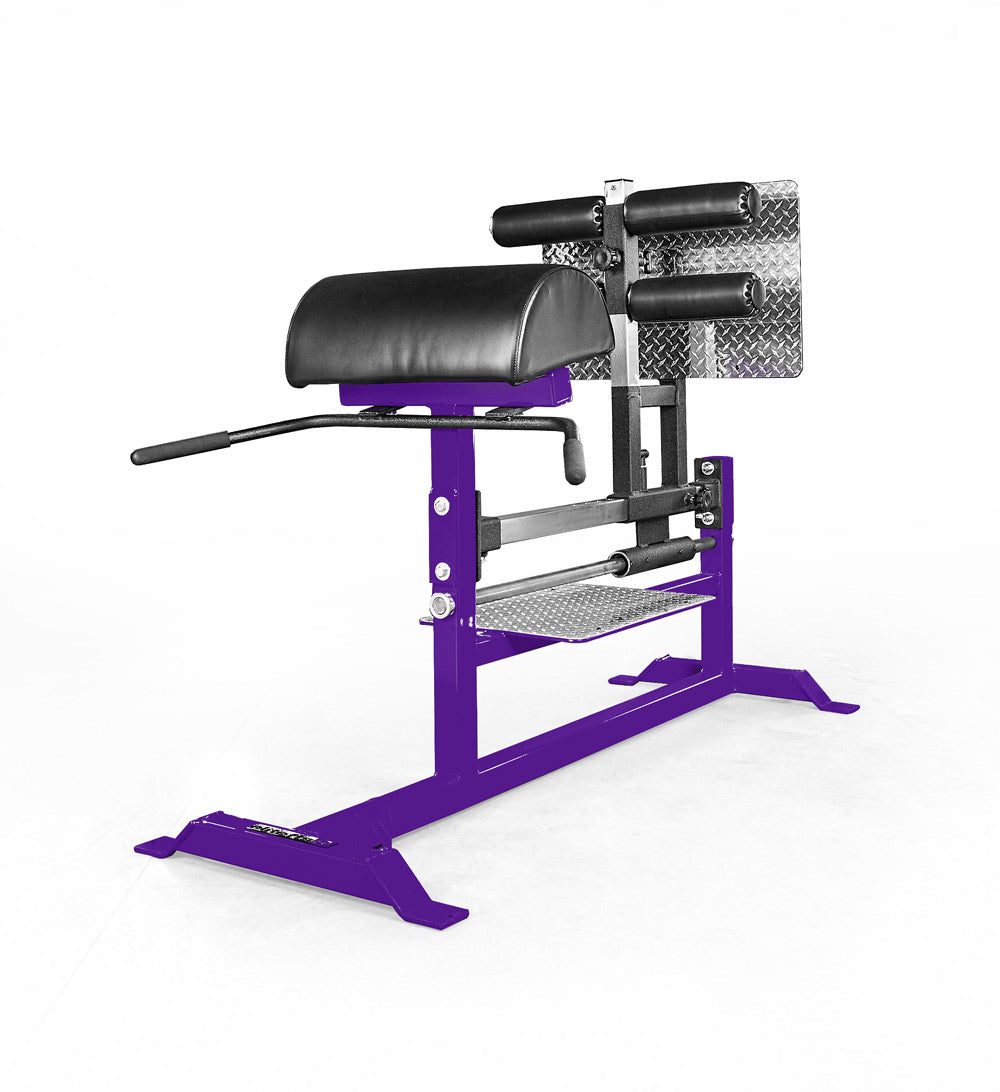 Purple gym machine with black padding on a white background