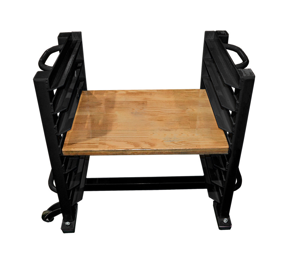 Wooden table with black metal frame on a white background