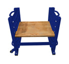 Wooden table with blue metal frame on a white background