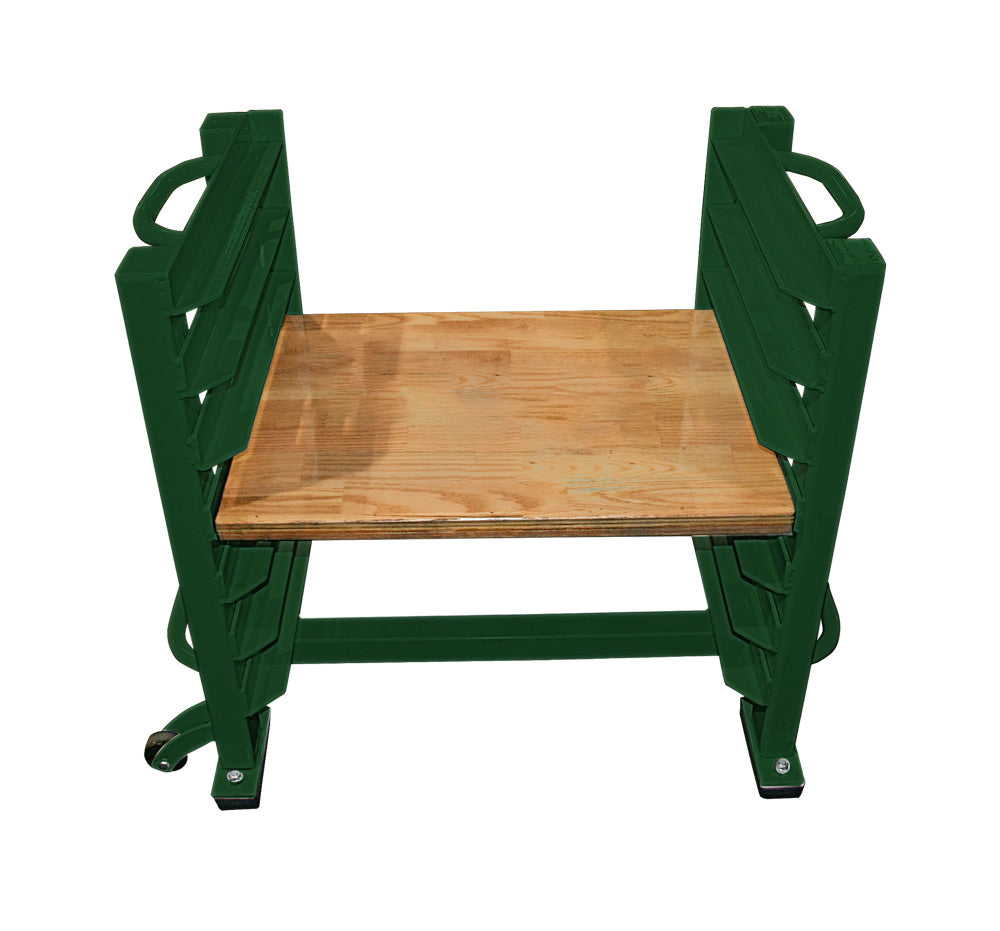 Wooden table with green metal frame on a white background