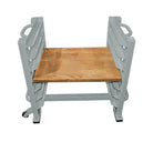 Wooden seat on a metal frame with wheels on a white background