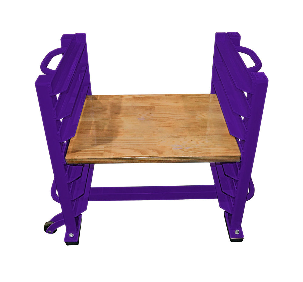 Wooden table with purple metal frame on a white background