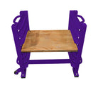 Wooden table with purple metal frame on a white background