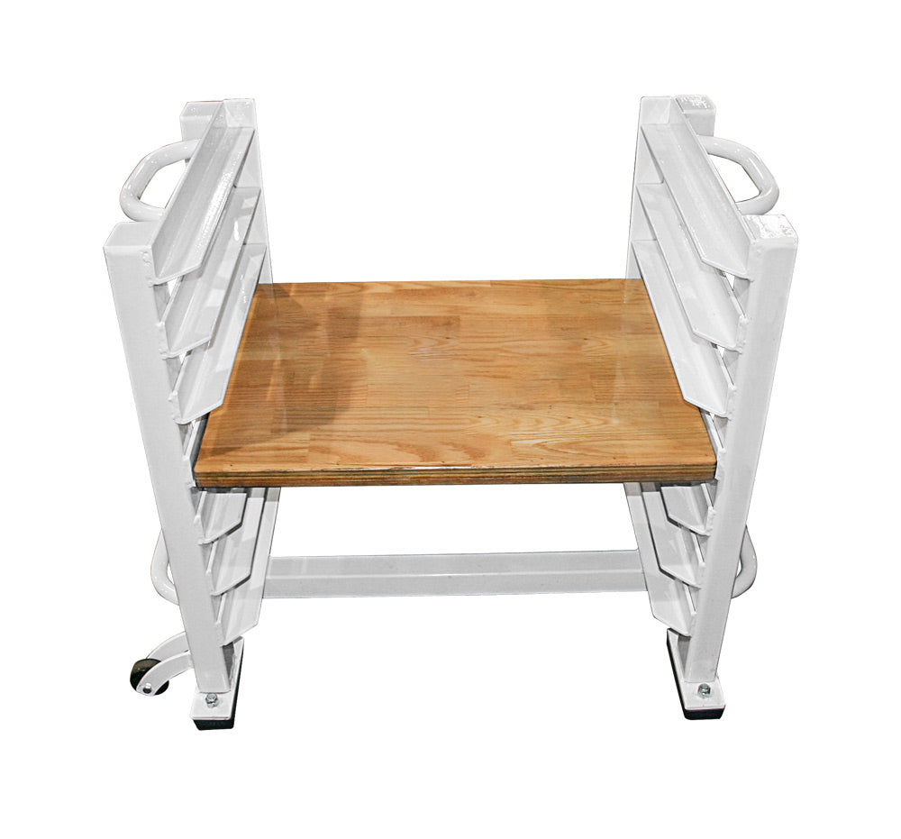 White metal chair with a wooden seat on a white background
