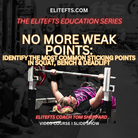 Advertisement for EliteFTS education series on common sticking points in squat, bench, and deadlift with a person lifting weights.