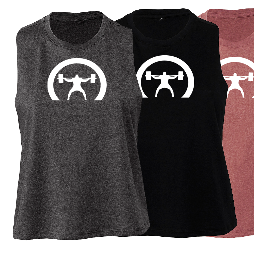 three sleeveless woman's tank tops, one black, one mauve, and one platinum grey, with the crescent squatter decal on the front