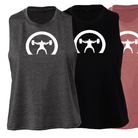 three sleeveless woman's tank tops, one black, one mauve, and one platinum grey, with the crescent squatter decal on the front