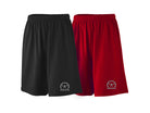 two pairs of shorts, one black pair and one red pair, with grey decals depicting the crescent decal on the right pant leg