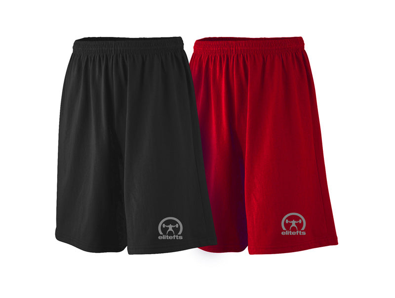 two pairs of shorts, one black pair and one red pair, with grey decals depicting the crescent decal on the right pant leg