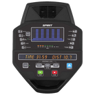 Black exercise bike console with digital display and control buttons on a white background