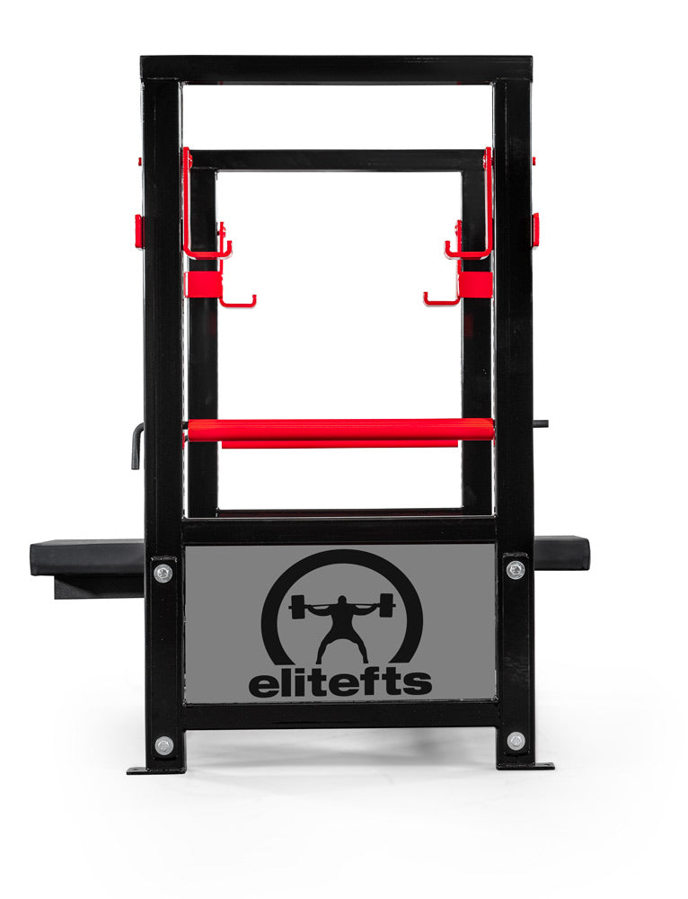 Black and red weightlifting platform with 'eliteffs' branding on a white background