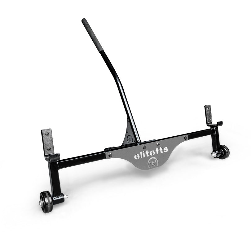 Black car lift with 'elitefts' branding on a white background