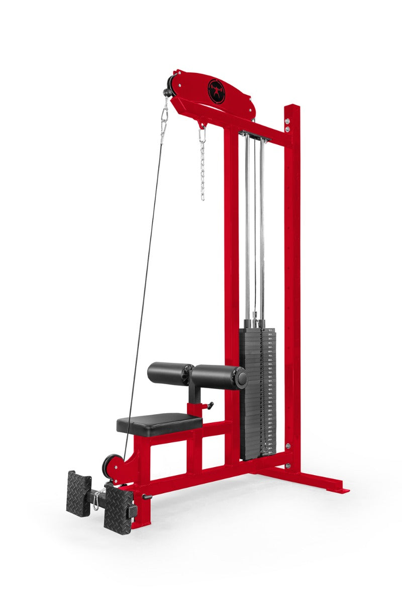 Red gym machine with weight stack on a white background