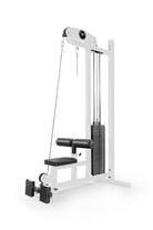 Gym machine with white frame and black components on a white background