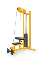Yellow cable machine gym equipment on a white background