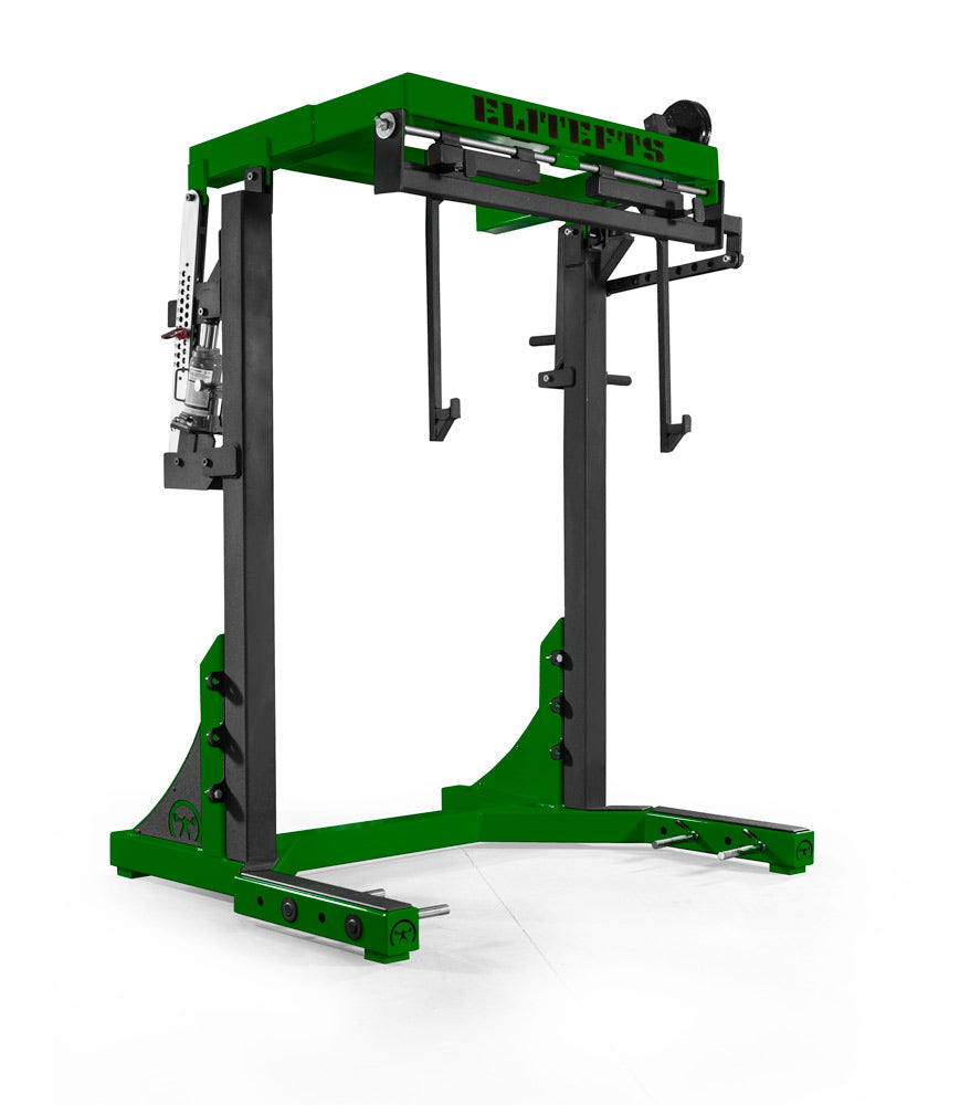 Green and black weightlifting machine on a white background