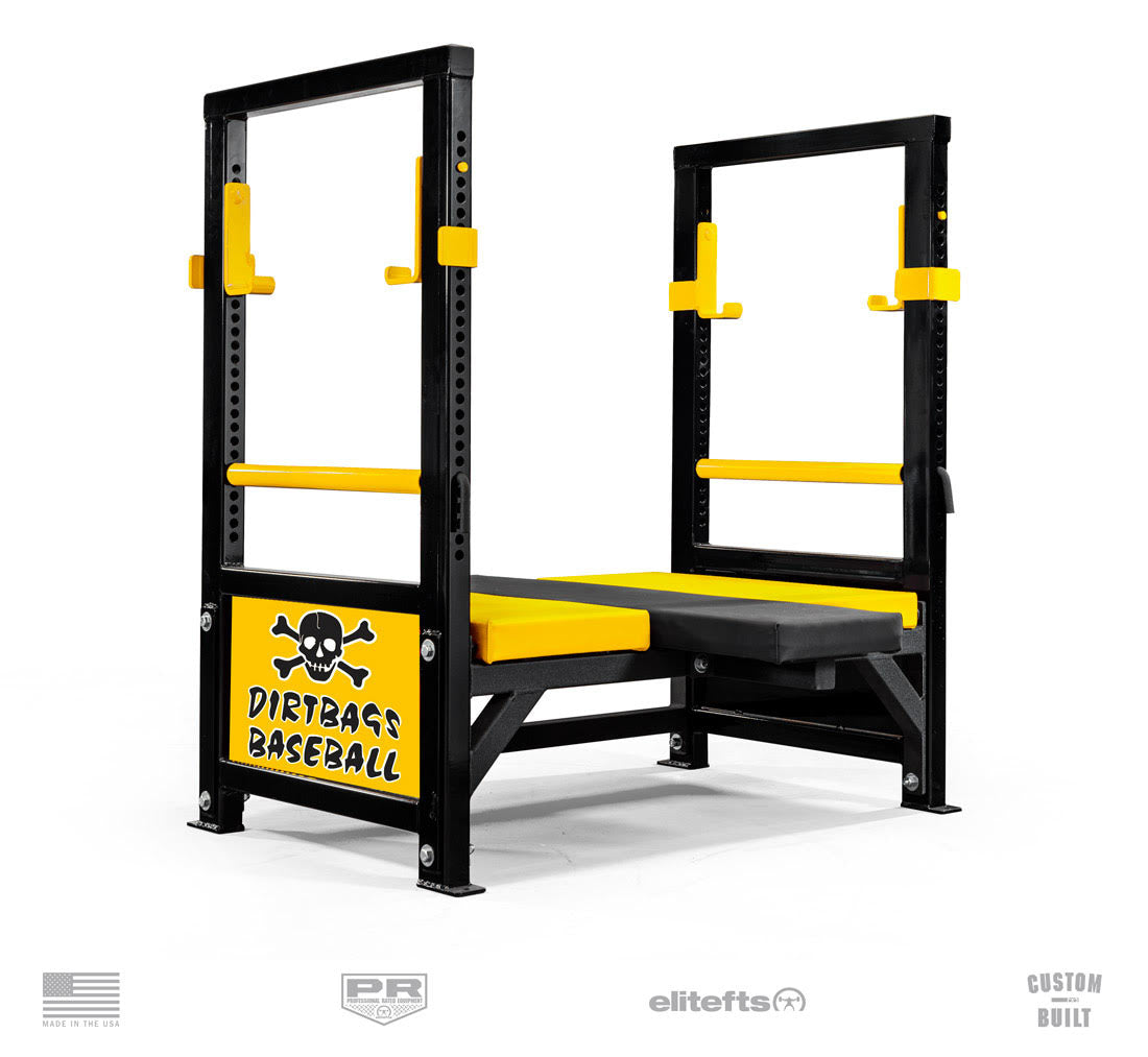 Black and yellow power rack with 'Dirtbag Baseball' branding on a white background