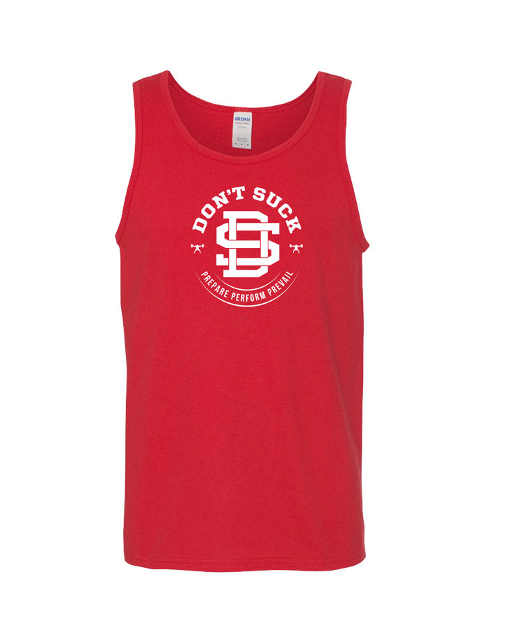 photograph of a black tank top with the Don't Suck decal on the chest