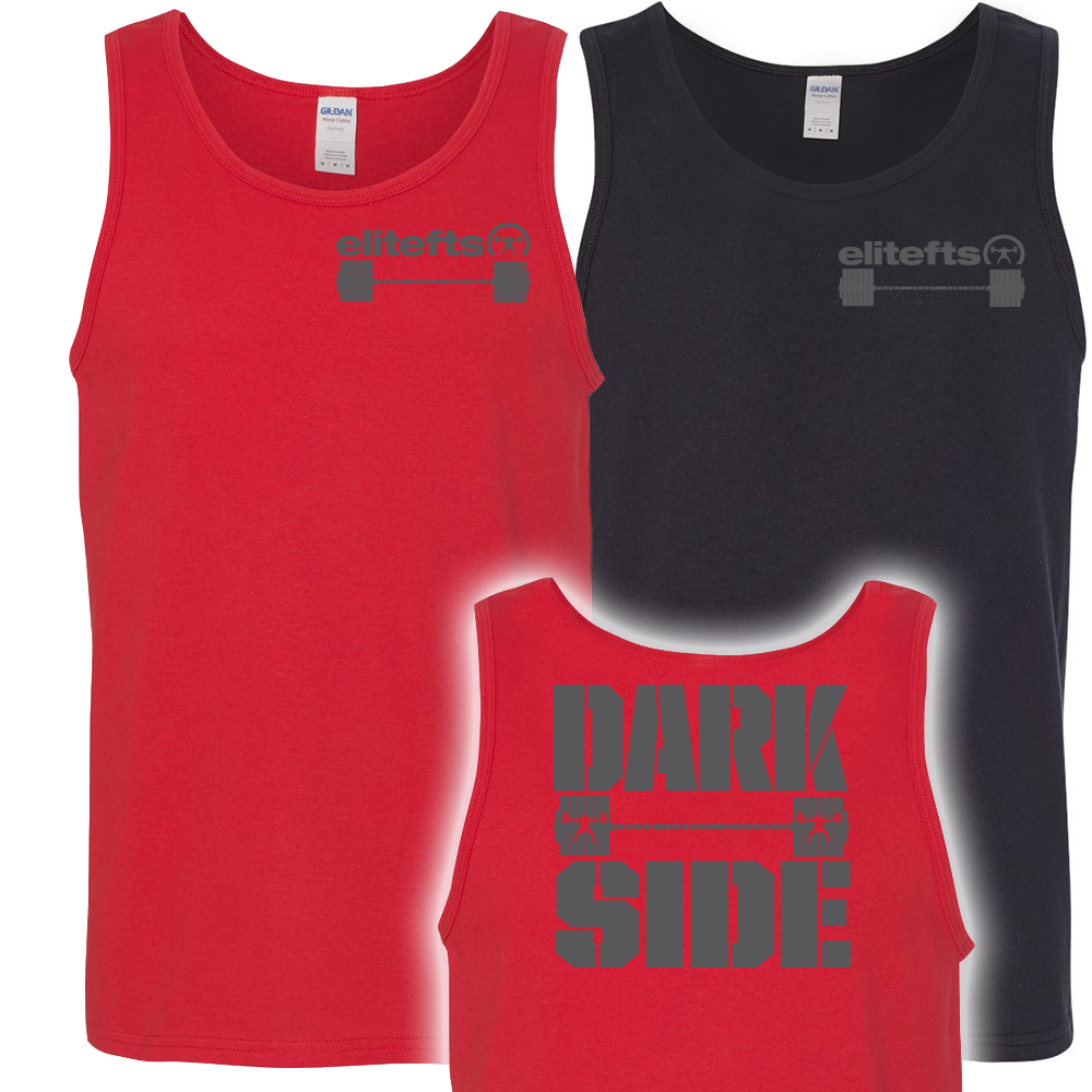 two tank tops, one black and one red, with the Dark Side barbell decal on the back, a smaller barbell on the left side of the chest