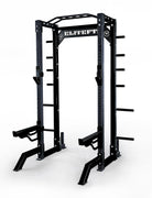 Black power rack with 'EliteFT' branding on a white background