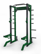 Green and black power rack on a white background