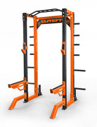 Orange and black power rack with 'ELITEFT' branding on a white background