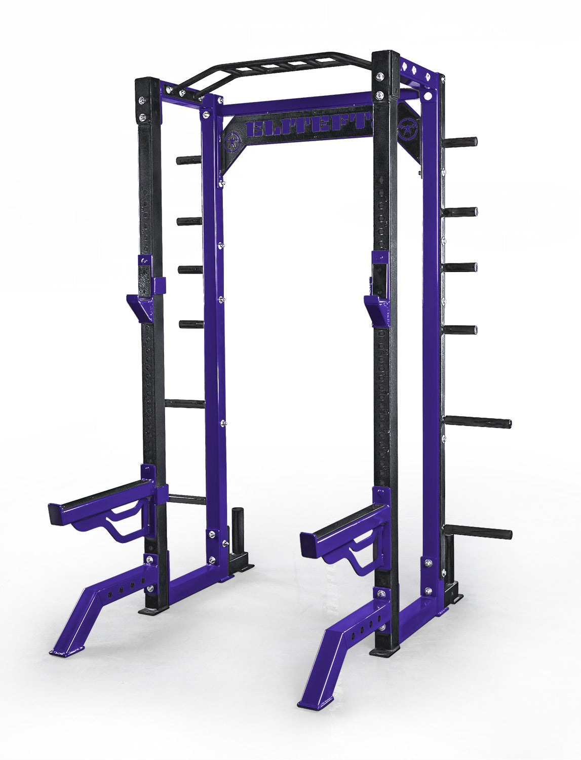 Purple and black power rack on a white background