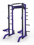 Purple and black power rack on a white background