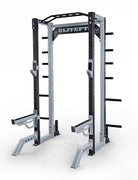 Gray power rack with 'EliteFT' branding on a white background