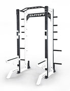 Black and white power rack with 'EliteFT' branding on a white background