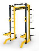 Yellow and black power rack with 'EliteFT' branding on a white background