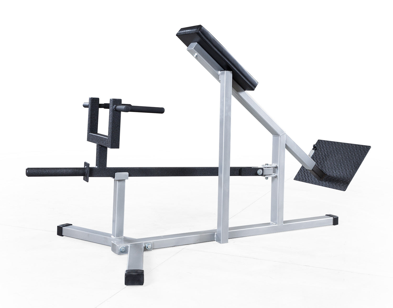 Gym machine with black padding on a white background