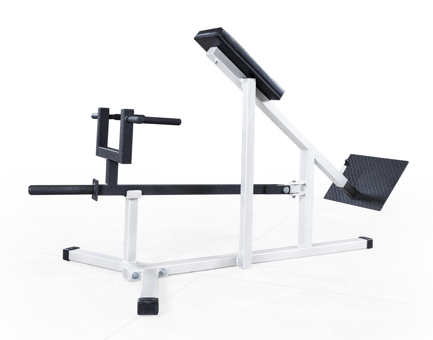 White weight bench with black padding on a white background