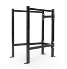Black metal pull-up bar frame on a white background