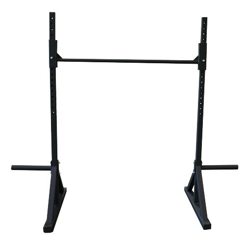 Black metal squat rack on a white background