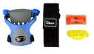 Collection of sports protective gear including a blue and gray knee brace, black strap, red ice pack, and yellow gel pack on a white background.